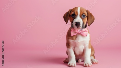Cute puppy dog with a pink bow tie sitting on a pink background. © Vector