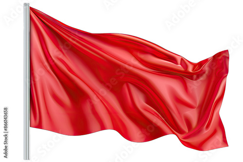Vibrant red flag waving on a pole, symbolizing warning, danger, or alert. Isolated on a white background.