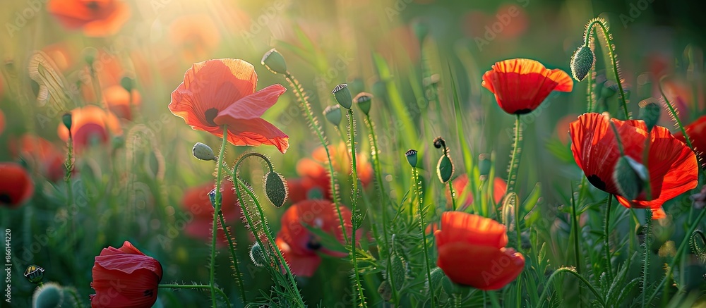 Fototapeta premium Close-up shot of wild red poppies blooming amidst lush green grass with copy space image in sunlight.
