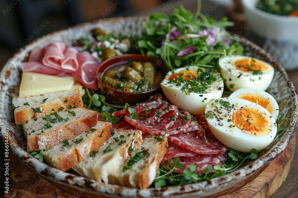 A bowl of ploughman's lunch, featuring cheese, pickle, ham, crusty bread, and a scotch egg, arranged on a wooden board. A bowl of ploughman's lunch, featuring cheese, pickle, ham, crusty bread, and a scotch egg, arranged on a wooden board.