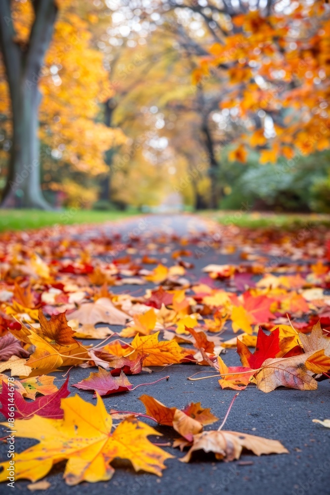 Brightly colored autumn leaves scattered on a pathway, with a softly blurred background of trees and a park. Brightly colored autumn leaves scattered on a pathway, with a softly blurred background of trees and a park.