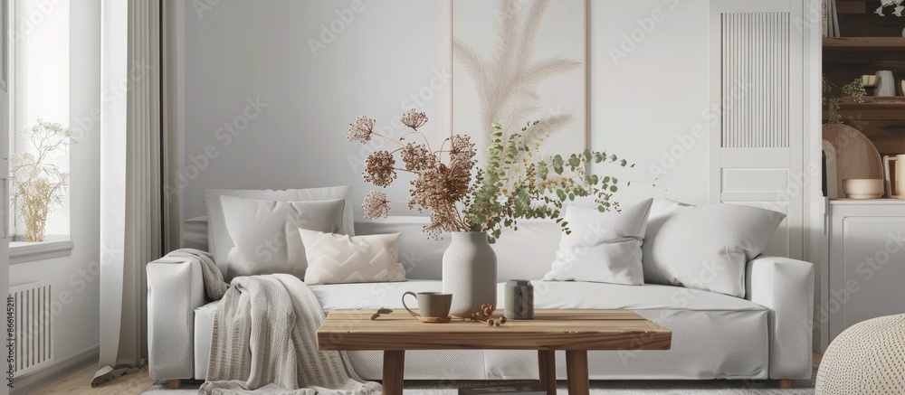 Flowers resting on wooden table and grey sofa in white living room with open area. Genuine photograph Flowers resting on wooden table and grey sofa in white living room with open area. Genuine photograph