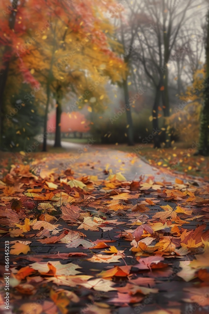 Brightly colored autumn leaves scattered on a pathway, with a softly blurred background of trees and a park. Brightly colored autumn leaves scattered on a pathway, with a softly blurred background of trees and a park.