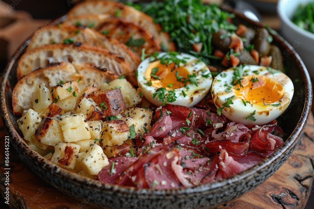 A bowl of ploughman's lunch, featuring cheese, pickle, ham, crusty bread, and a scotch egg, arranged on a wooden board. A bowl of ploughman's lunch, featuring cheese, pickle, ham, crusty bread, and a scotch egg, arranged on a wooden board.
