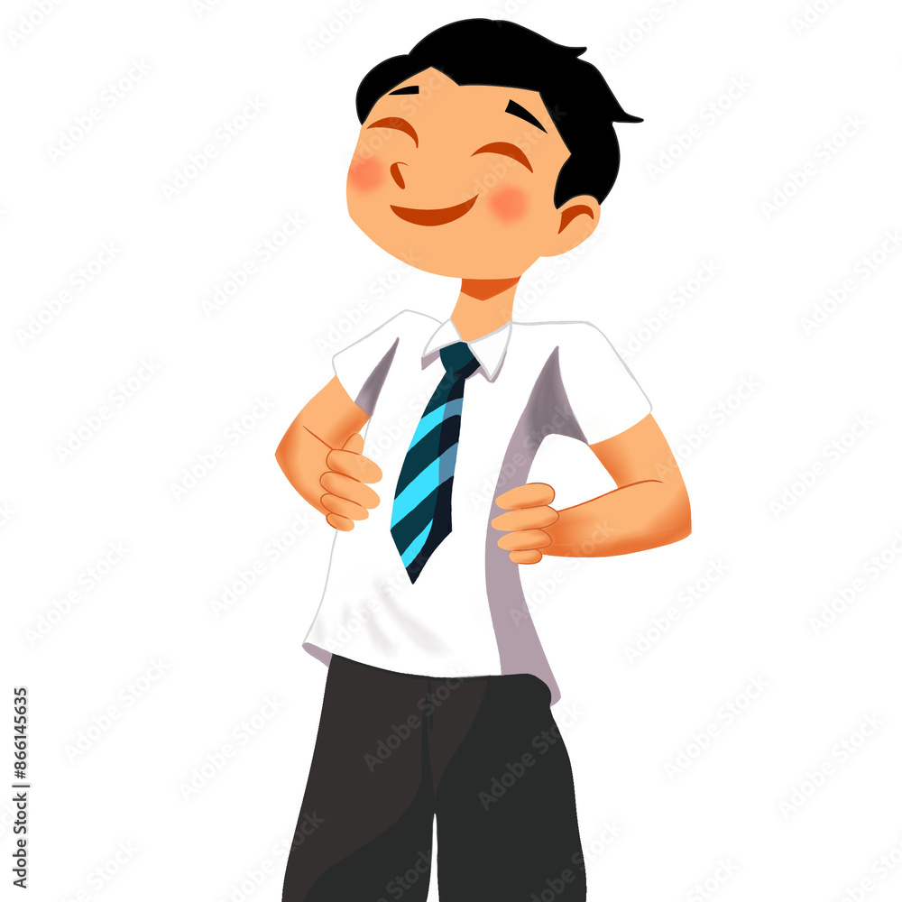 Happy Cartoon School Boy in White Shirt and Striped Tie with Hands on Hips- The boy is illustrated with a broad smile, rosy cheeks, and short black hair. He is dressed in a typical school uniform Happy Cartoon School Boy in White Shirt and Striped Tie with Hands on Hips- The boy is illustrated with a broad smile, rosy cheeks, and short black hair. He is dressed in a typical school uniform