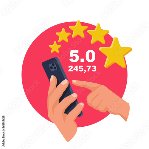 Smartphone in hands with rating. Feedback concept. Evaluation. Vector illustration flat design. Isolated on background. The client rates the service.