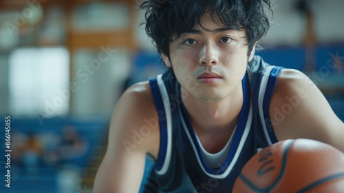 Japanese Male University Student Practicing Basketball In The Gym, High Quality Background