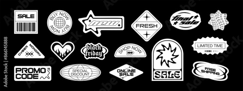 Trendy sale sticker set. Retro Y2K business discount text quote label collection. Black and white tag with love heart, web promotion message. Futuristic online offer bundle.	