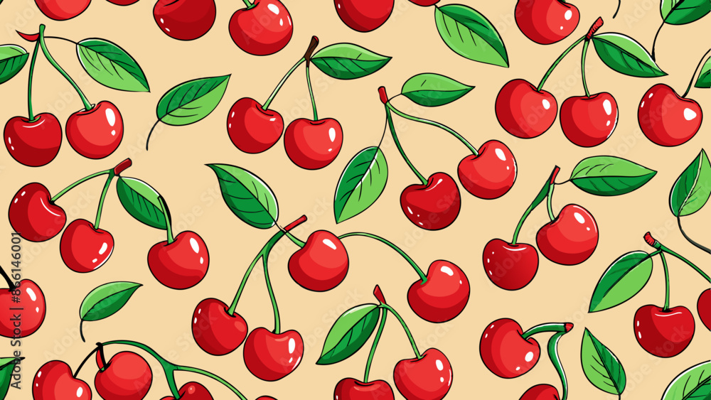 Seamless Vector Pattern of Red Cherries on Yellow Background Seamless Vector Pattern of Red Cherries on Yellow Background