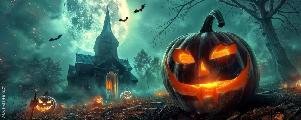 A haunted Halloween scene featuring a large glowing jack-o'-lantern, an eerie old house with a lit entrance, bats flying, and a full moon illuminating the misty night. A haunted Halloween scene featuring a large glowing jack-o'-lantern, an eerie old house with a lit entrance, bats flying, and a full moon illuminating the misty night.