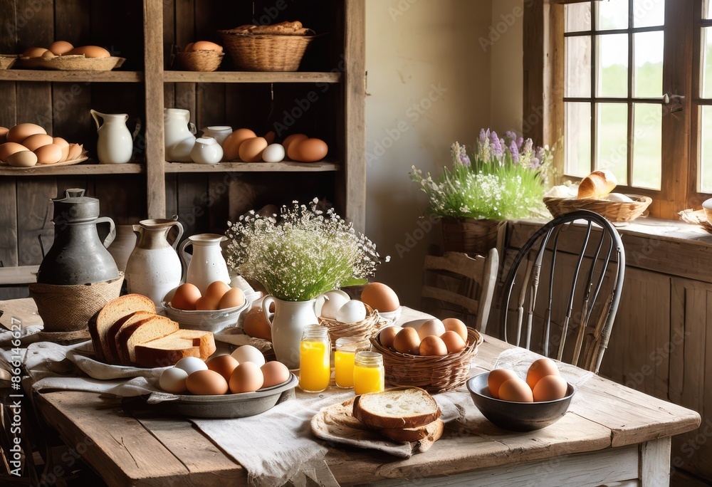 rustic farmhouse breakfast table fresh eggs homemade bread countryside kitchen interior, wooden, chair, morning, meal, traditional, cozy, organic, mealtime, vintage rustic farmhouse breakfast table fresh eggs homemade bread countryside kitchen interior, wooden, chair, morning, meal, traditional, cozy, organic, mealtime, vintage