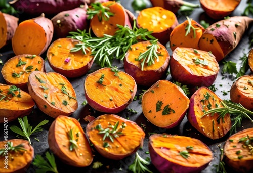 savory roasted sweet potatoes fresh herbs close view food background, delicious, cooked, vegetable, healthy, orange, natural, organic, cuisine, meal, dish photo