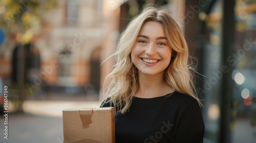 Happy young woman with parcels in her hands against the backdrop of a city street. © Evgeniia