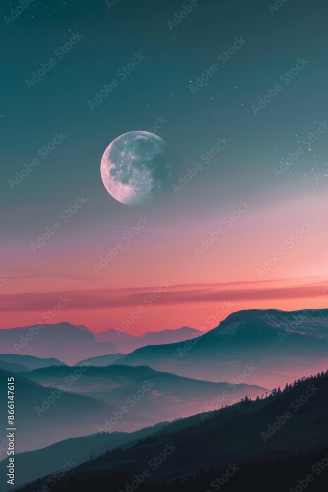 The moon rising over a mountain range, with a softly blurred background of a twilight sky and stars. The moon rising over a mountain range, with a softly blurred background of a twilight sky and stars.