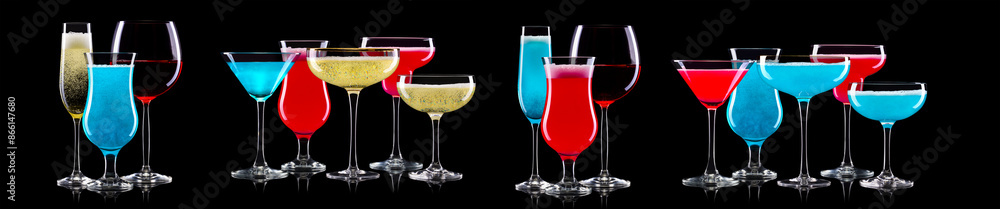 Set of different glasses for drinks and cocktails on black background Set of different glasses for drinks and cocktails on black background
