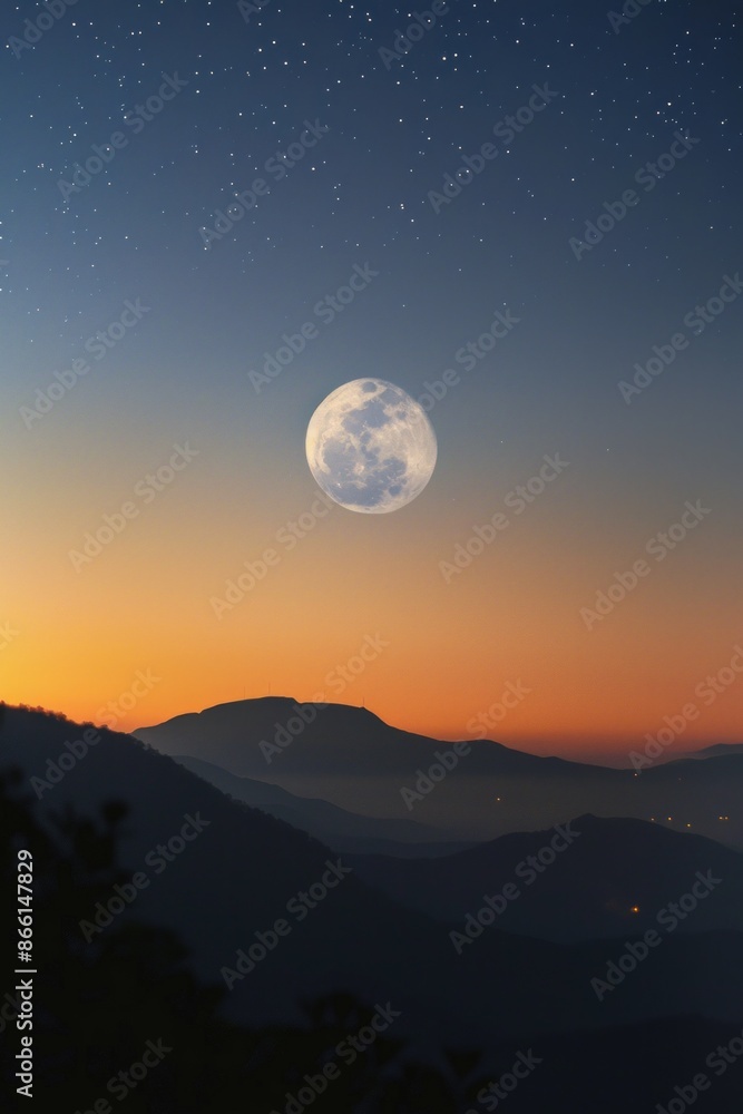 The moon rising over a mountain range, with a softly blurred background of a twilight sky and stars. The moon rising over a mountain range, with a softly blurred background of a twilight sky and stars.