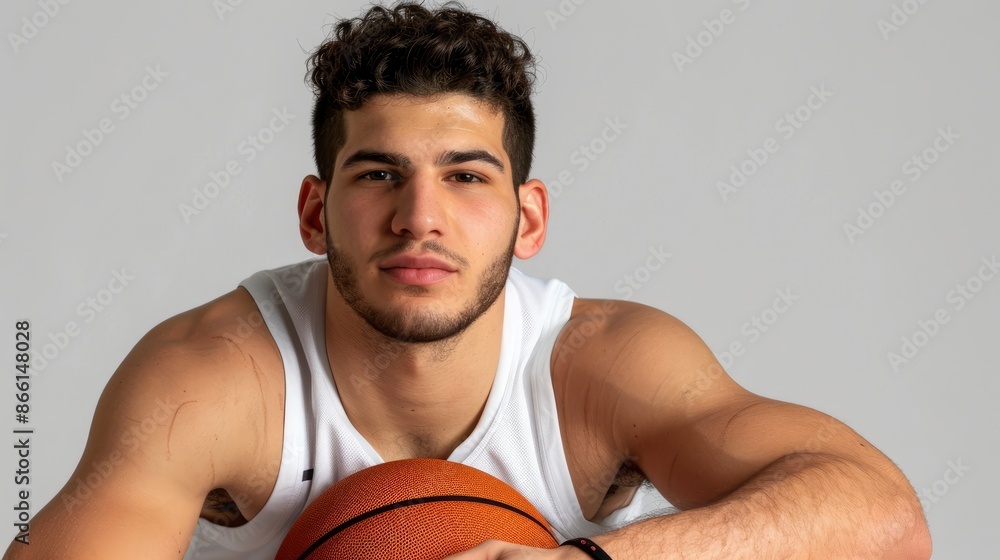 Male Basketball Player Wearing Sportswear Holding A Basketball On A White Background, High Quality Background Male Basketball Player Wearing Sportswear Holding A Basketball On A White Background, High Quality Background