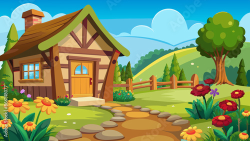 Charming Cartoon Cottage Amidst Lush Green Hills