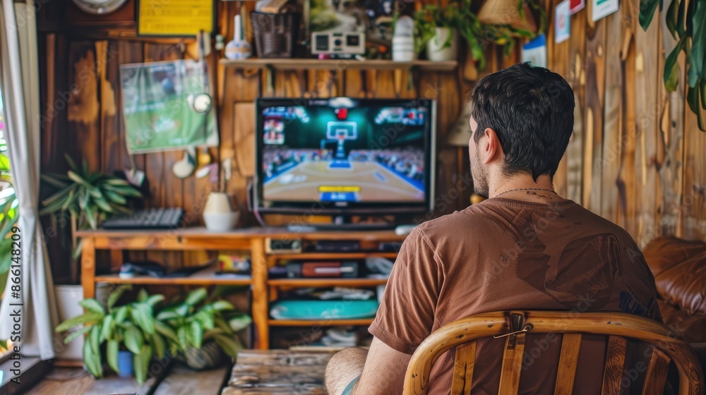 Man Watching Basketball On Tv, High Quality Background Man Watching Basketball On Tv, High Quality Background