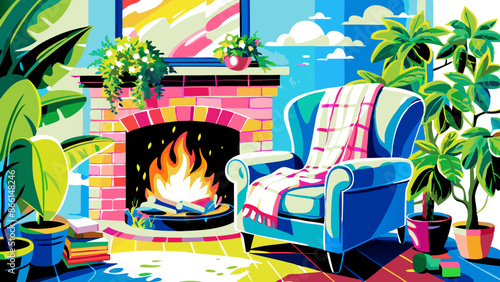 Vibrant Cozy Living Room with Fireplace and Lush Houseplants