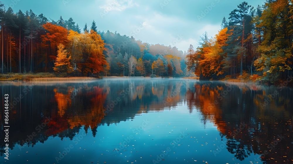Fototapeta premium Vibrant Autumn Landscape with Serene Lake Reflection in Picturesque Woodland Scene