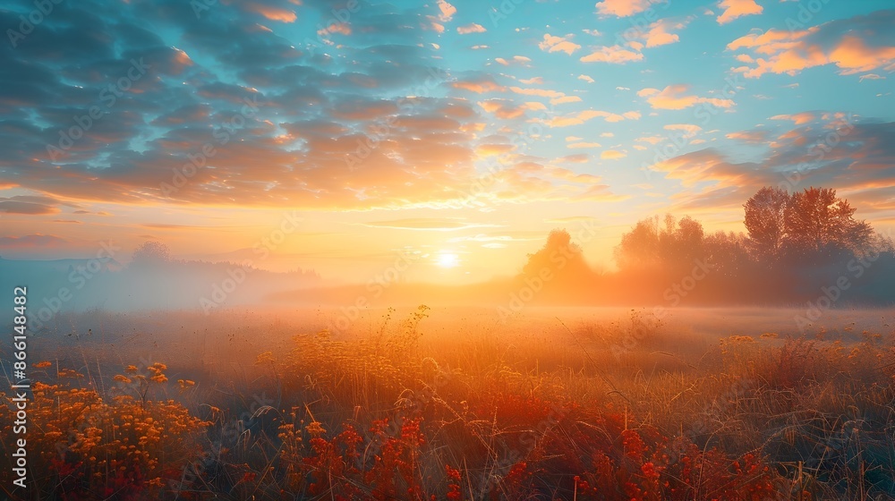 Serene Autumn Sunrise Over Tranquil Meadow with Vibrant Colors and Hazy Landscape Serene Autumn Sunrise Over Tranquil Meadow with Vibrant Colors and Hazy Landscape