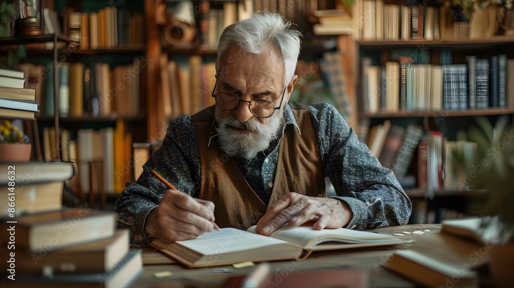 Elderly Man Writes His Memoirs at a Rustic Desk Surrounded by Books and Memories Elderly Man Writes His Memoirs at a Rustic Desk Surrounded by Books and Memories