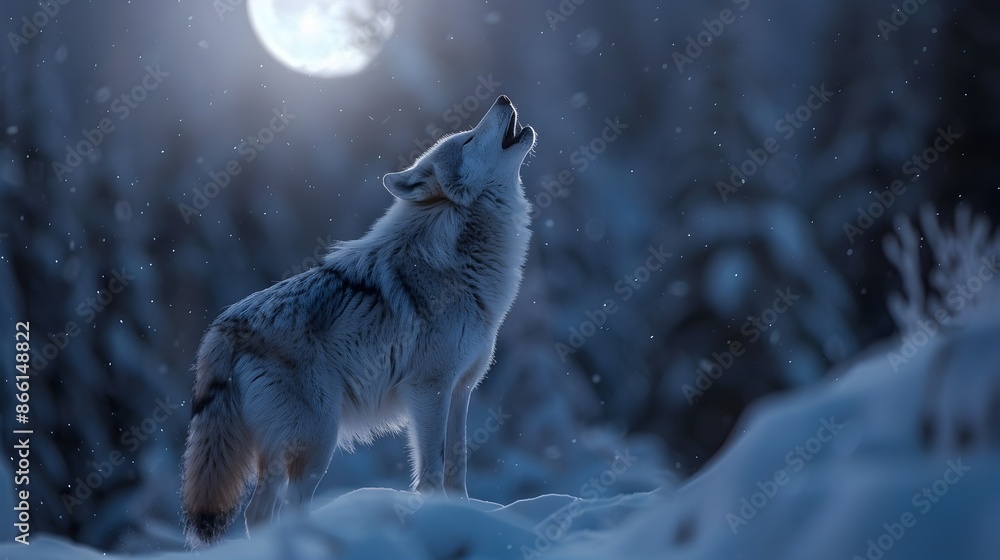 Majestic Gray Wolf Howling at the Brilliant Full Moon in Snow Covered Winter Forest Majestic Gray Wolf Howling at the Brilliant Full Moon in Snow Covered Winter Forest