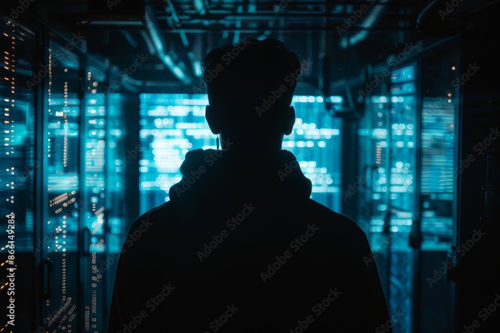 Silhouetted technomancer hacker with cybernetic enigma Silhouetted technomancer hacker with cybernetic enigma