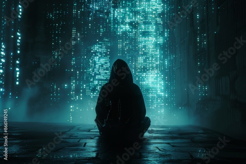 Silhouetted technomancer hacker with cybernetic enigma photo