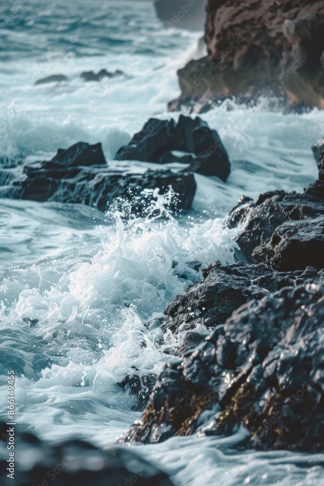 Waves crashing against rocks, with a softly blurred background of a rugged coastline and sea. Waves crashing against rocks, with a softly blurred background of a rugged coastline and sea.