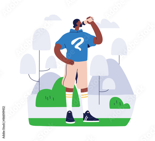 Black man hydrating, drinking water from bottle. Hydration after sport workout, exercise outdoors. Active jogger outdoors, standing with tumbler. Flat vector illustration isolated on white background