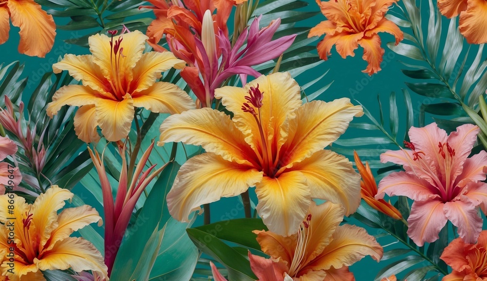 Fototapeta premium Vibrant tropical flowers with lush green leaves