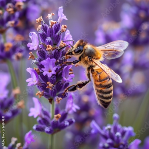Serene Honeybee Gathering Nectar in a Lavender Field - Agricultural Beauty and Pollination Concept
