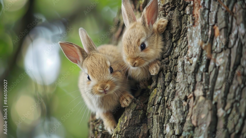 Small bunnies perched on the tree trunk Small bunnies perched on the tree trunk
