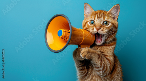 Funny red cat holding a yellow loudspeaker in its paws and screaming on a blue background,