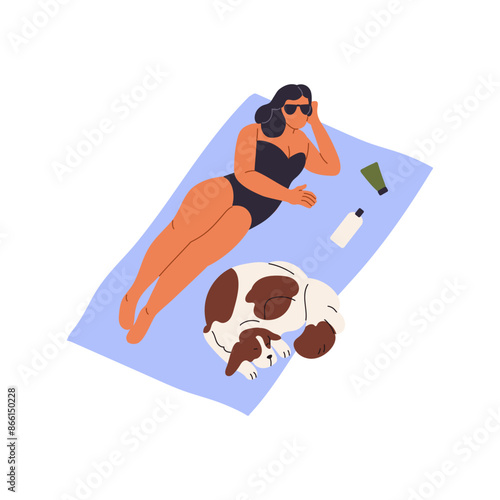 Tanned woman in swimsuit sunbathing on blanket with her dog. Girl and pet relax on sea vacation, holidays together. People have a rest on beach in summer. Flat isolated vector illustration on white