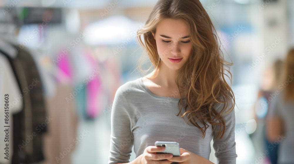 beautiful single woman texting on her smartphone while walking in department store alone beautiful single woman texting on her smartphone while walking in department store alone