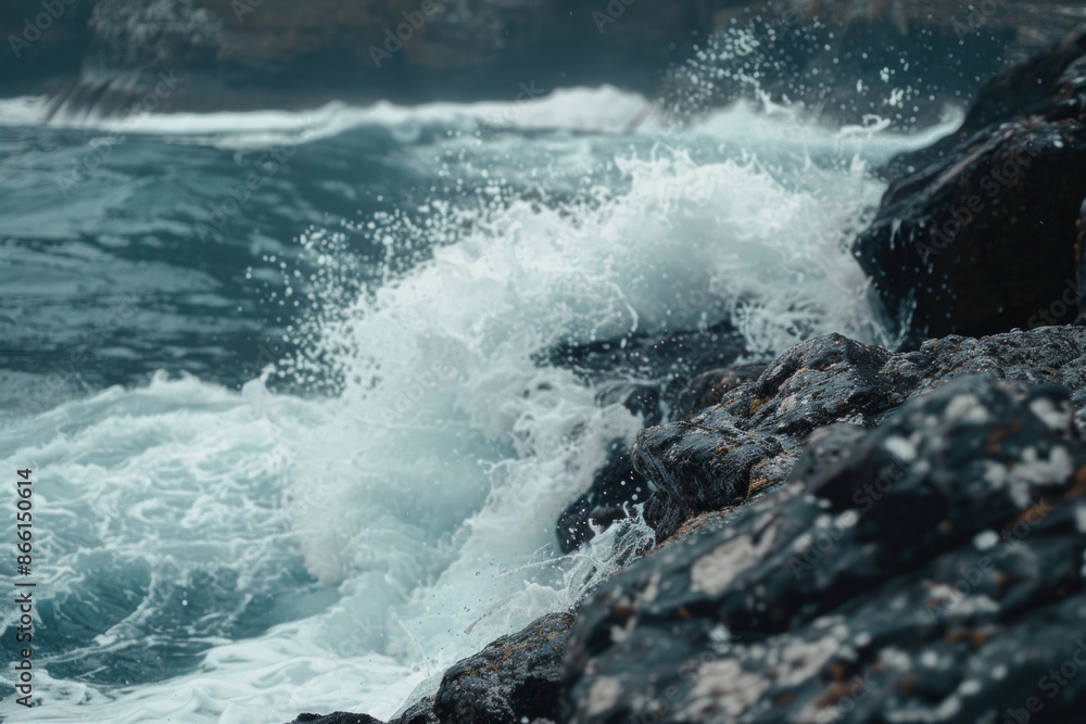 Waves crashing against rocks, with a softly blurred background of a rugged coastline and sea. 