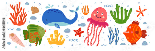 Cute whale, jellyfish and fish swim among the corals. Sea animals. Funny inhabitants of the ocean or sea reef. Children's vector illustration of the seabed.