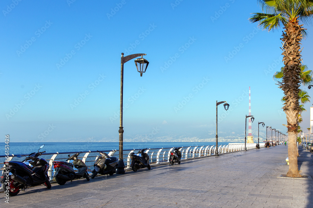 Fototapeta premium Scenic view from the mountain of the capital Beirut at sunset. Republic of Lebanon