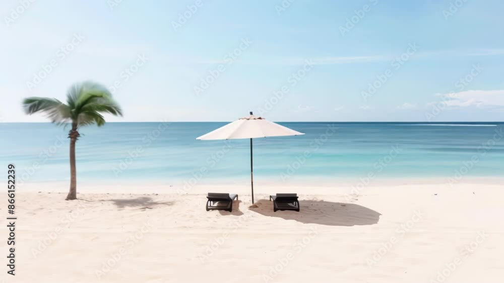 Serene white sand beach with turquoise ocean. Single palm tree and umbrella with lounge chairs. Calm, clear sky. Peaceful tropical getaway scene evoking relaxation and escape. Serene white sand beach with turquoise ocean. Single palm tree and umbrella with lounge chairs. Calm, clear sky. Peaceful tropical getaway scene evoking relaxation and escape.