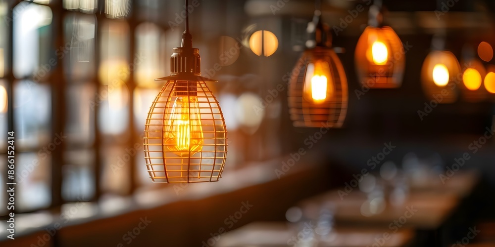 Sophisticated Restaurant with Stylish Lighting Fixtures at Night. Concept Restaurant Decor, Stylish Lighting, Night Photography, Sophisticated Ambiance Sophisticated Restaurant with Stylish Lighting Fixtures at Night. Concept Restaurant Decor, Stylish Lighting, Night Photography, Sophisticated Ambiance