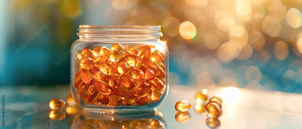 Close-up of Essential oil in gel capsule fish oil dietary supplement drug next to container bottle.Generative AI Close-up of Essential oil in gel capsule fish oil dietary supplement drug next to container bottle.Generative AI