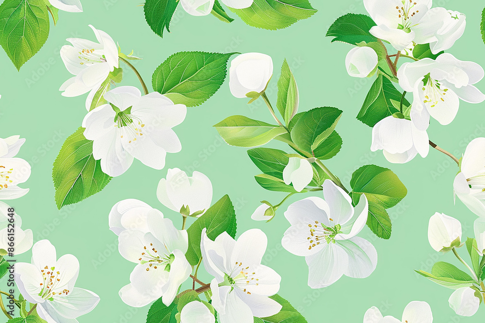 Seamless pattern of white flowers with green leaves on a light green background, creating a fresh and natural look. Seamless pattern of white flowers with green leaves on a light green background, creating a fresh and natural look.