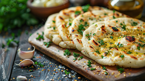 Indian naan bread in plate. Flatbread with parsley and spices. Indian cuisine.Generative AI photo