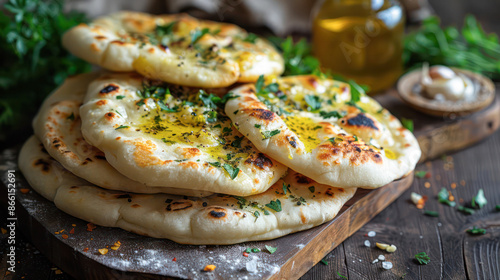 Indian naan bread in plate. Flatbread with parsley and spices. Indian cuisine.Generative AI