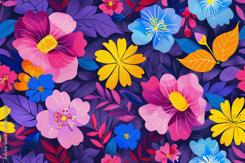 A bright floral pattern with pink, yellow, and blue flowers and leaves, creating a lively design on a dark background. A bright floral pattern with pink, yellow, and blue flowers and leaves, creating a lively design on a dark background.