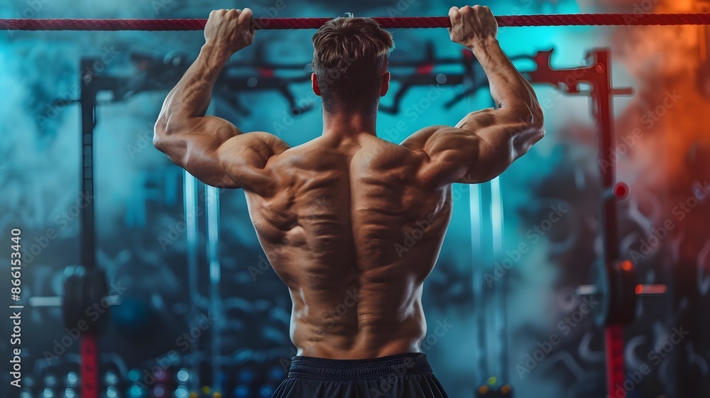 Muscular Bodybuilder Performing Intense Pull ups in Vibrant Gym Setting Muscular Bodybuilder Performing Intense Pull ups in Vibrant Gym Setting
