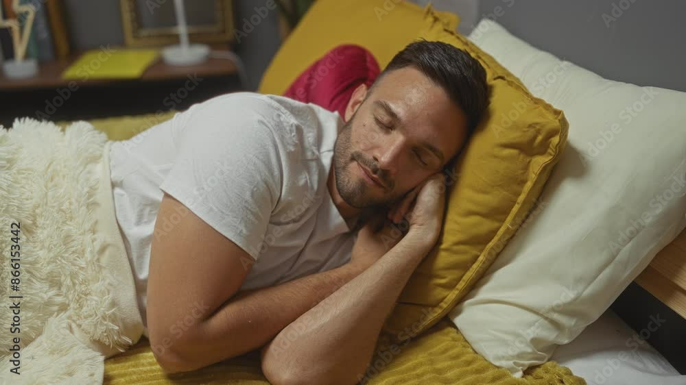 A handsome young hispanic man with a beard, lying in bed in a cozy bedroom with mustard and white pillows, covered by a fluffy blanket, and enjoying a restful sleep in his home. A handsome young hispanic man with a beard, lying in bed in a cozy bedroom with mustard and white pillows, covered by a fluffy blanket, and enjoying a restful sleep in his home.